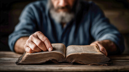 A person reading the Bible, hands on the table with the book open and pages turning, a wooden surface with soft lighting.