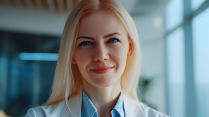 A confident young female doctor smiling in a white coat, embodying professionalism and trust in healthcare.