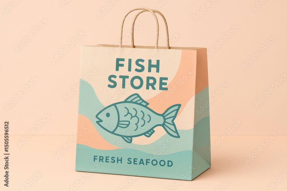 Aufkleber fish store paper bag design showcasing fresh seafood with simple graphics and colors in a modern sty
