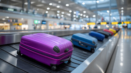 Brightly colored suitcases glide smoothly along the sleek airport conveyor belt, reflecting the polished chrome and glass interior of a modern terminal bustling with travelers. Eff
