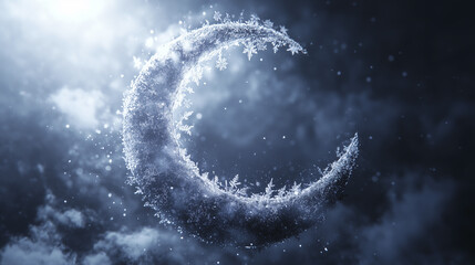 A crescent moon composed of intricate snowflake patterns, set against a dark, cloudy sky with falling snowflakes and a bright light source.