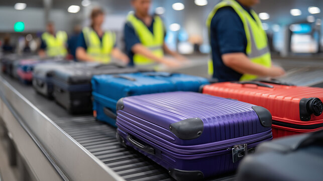 A cascade of vibrant suitcases in assorted sizes and styles slide past security scanners on the conveyor belt, with focused airport workers ensuring swift baggage processing for ho
