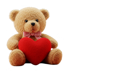 Isolated Brown Teddy Bear Holding Red Glitter Heart on Transparent Background