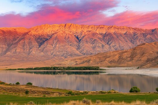 Serene sunrise paints a majestic mountain range in warm hues, reflected perfectly in a still lake at dawn