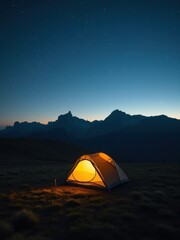 Glowing Tent in the Majestic Mountains Under a Starry Night Sky A Serene Camping Scene