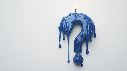 A blue wax question mark with drips and a small sphere, resembling melted wax, with a lit candle flame on top.