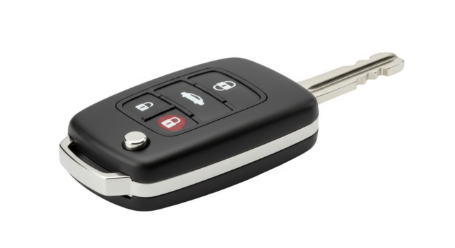 Isolated Car Key Remote Control With Black Buttons And Metallic Details