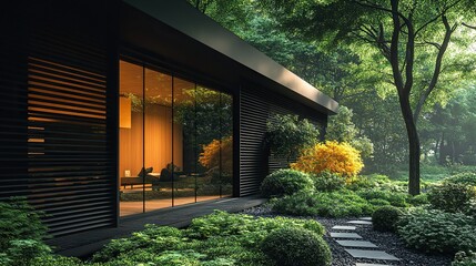 Obraz premium Modern house, forest garden, evening light, peaceful scene, architecture