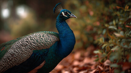 Fototapeta premium A peacock with blue neck and patterned feathers standing in a natural outdoor environment setting