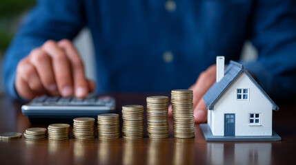 Hands of investor typing on calculator next to small wooden home model and piles of coins on polished table