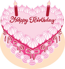 Line art drawing bow ribbons around pink heart shape Happy Birthday cake, clipart coquette aesthetic for design element with copy space for name or age number. Vector illustration.	