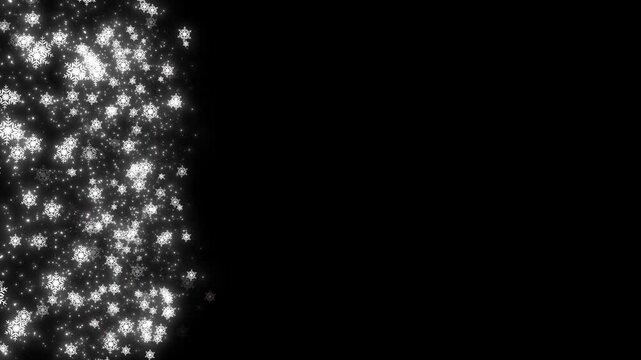 Loop Animation Of Bright White Snowflakes And Sparkling Particles Falling Pure Black Background, Overlay Effect Perfect For Christmas