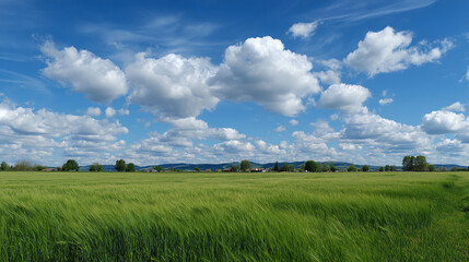 Vast Green Field Under Blue Sky with Fluffy Clouds &ndash; Scenic Landscape