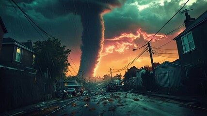 This footage captures a powerful tornado sweeping through a neighborhood. It shows the destruction and chaos caused by severe weather. A must-see for disaster preparedness. Generative AI - Powered by Adobe