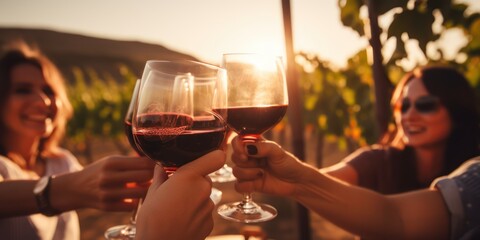 Four friends toasting with red wine in a vineyard at sunset.