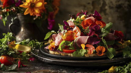 A plate with a gourmet dish featuring bread, ham, tomatoes, edible flowers, and microgreens, surrounded by fresh vegetables and flowers.
