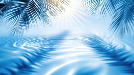 Fototapeta premium Serene blue water scene with tropical palm leaves.