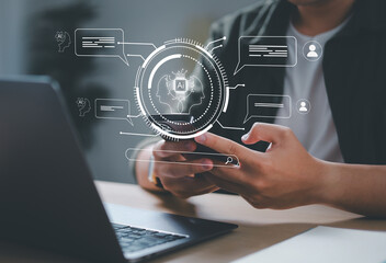 AI Chatbot conversation assistant. Person using online customer service with chatbot to get support. AI automatic answering machine. Artificial intelligence, customer support center