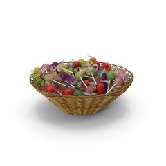 Wicker Basket with Mixed Wrapped Hard Candy isolated on transparent background