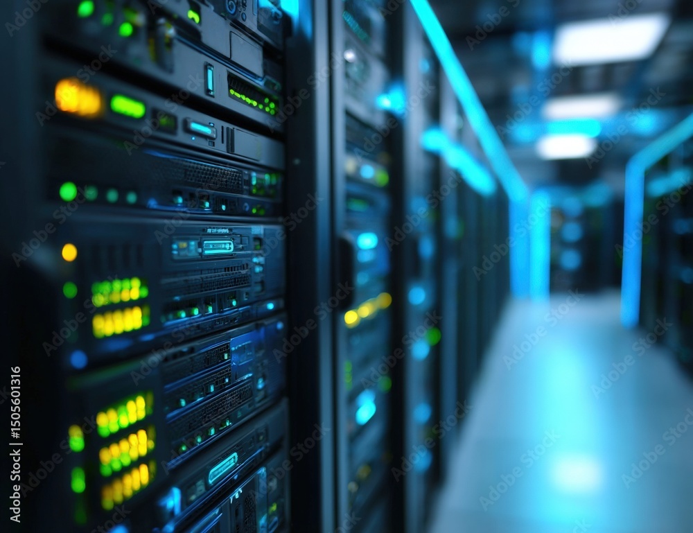 Poster rows of illuminated computer servers in a data center, showcasing advanced technology and digital in