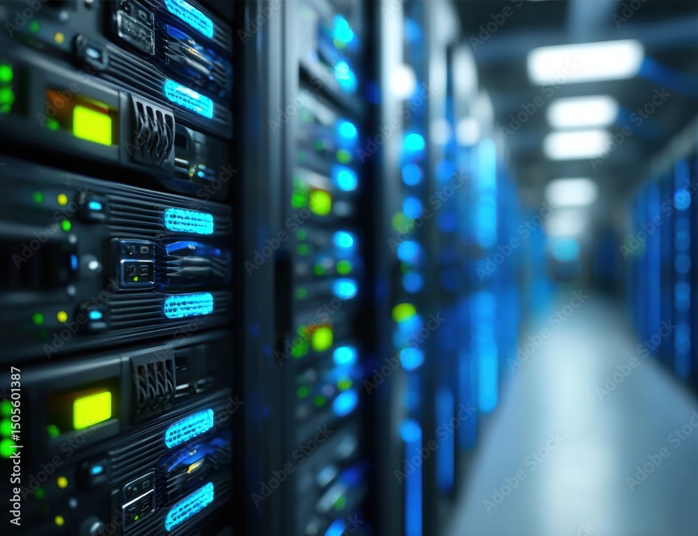 Poster rows of illuminated computer servers in a data center, showcasing advanced technology and digital in