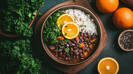 Flat lay of Brazilian feijoada with rice, orange slices, and kale, dark beans and vibrant citrus contrasts,