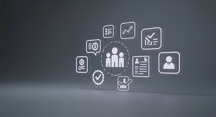 Fototapeta premium Business Management Icons Floating on a Gray Gradient Background