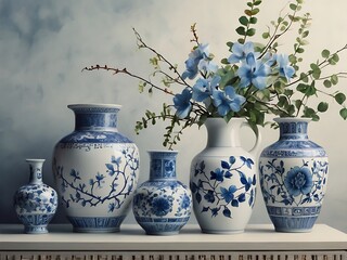 Antique clay pottery vase with decorative flowers on a table