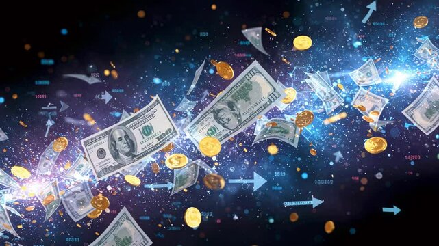 Dynamic flow of currency notes and coins amidst a cosmic backdrop with swirling stars and light