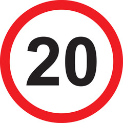 speed limit sign displaying 20 with red circle border on white background