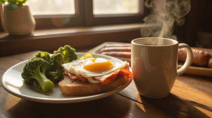 Delicious breakfast featuring sunny side up egg toast, crispy bacon, steamed broccoli, and steaming cup of coffee, creating warm and inviting