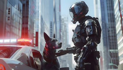 Futuristic Cyberpunk Police Officer with Robotic Dog AI Illustration