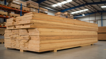 Stacked wooden planks in warehouse, showcasing neat arrangement of lumber. warm tones of wood create cozy atmosphere