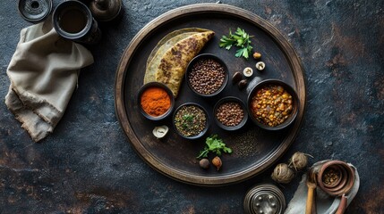 Flat lay of Ethiopian injera with colorful stews (wat) and lentils served on a large round tray, rich spices and earth-tone hues