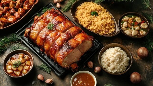 Flat lay of Filipino lechon with crispy skin, liver sauce, garlic rice, festive golden tones