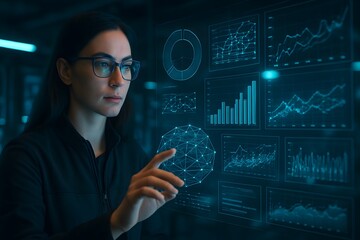 Woman analyzing data visualization graphs using touch screen technology interface display on transparent background