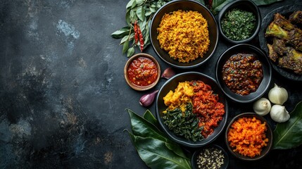 Flat lay of Indonesian Nasi Padang variety plate, featuring rendang, sambal, cassava leaves, crispy toppings, colorful spicy composition,