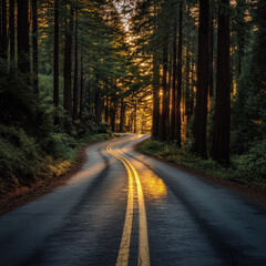 Obraz premium Sunset road through forest