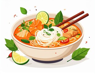 Bowl Of Reddish Orange Thai Noodle Soup With Shrimp