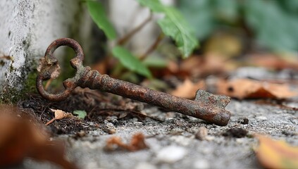 Rusty antique key resting on the ground