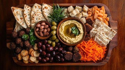 Fototapeta premium Flat lay of Middle Eastern mezze platter with hummus, falafel, olives, and pita, earthy warm tones with pops of green,