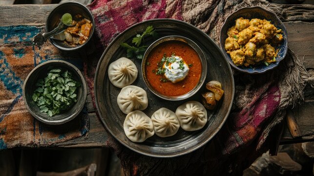 Flat lay of Nepalese momo dumplings with achar sauce and garnish, mountain tones