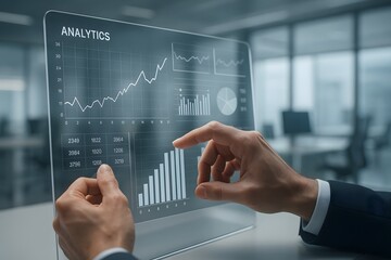 Data analysis and stock market forecast using futuristic interface technology screen display on transparent background