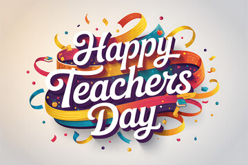 Dynamic 3D calligraphy Happy Teachers Day with swirling orange ribbons and confetti