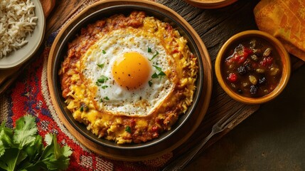 Flat lay of South African Bobotie with golden egg topping, rice with raisins, and chutney on the side, colorful plating, warm yellows and reds,
