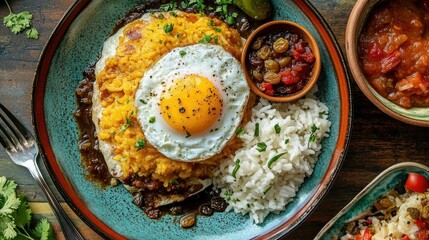 Flat lay of South African Bobotie with golden egg topping, rice with raisins, and chutney on the side, colorful plating, warm yellows and reds,