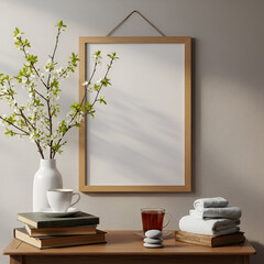 Empty wooden framed poster on light beige wall with spring blossoms in a vase, a cup of tea and books on a wooden table. Stylish home decor mockup with neutral tones and natural elements.