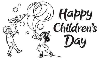 Obraz premium Happy Children's Day Celebration: Joy and Playfulness, vector, illustration, design, text, kids, girl and boy with balloons