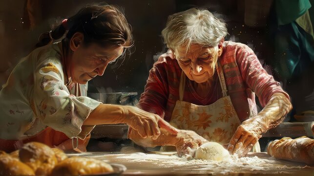 Two women baking bread together in a warm kitchen with flour on the table and finished loaves nearby