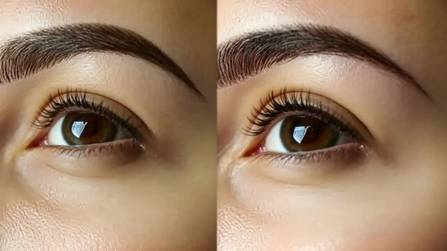 Before and after of eyebrow enhancement showcasing improved shape and fullness in a close-up view